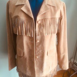 Tan leather fringed jacket - western or boho - XL